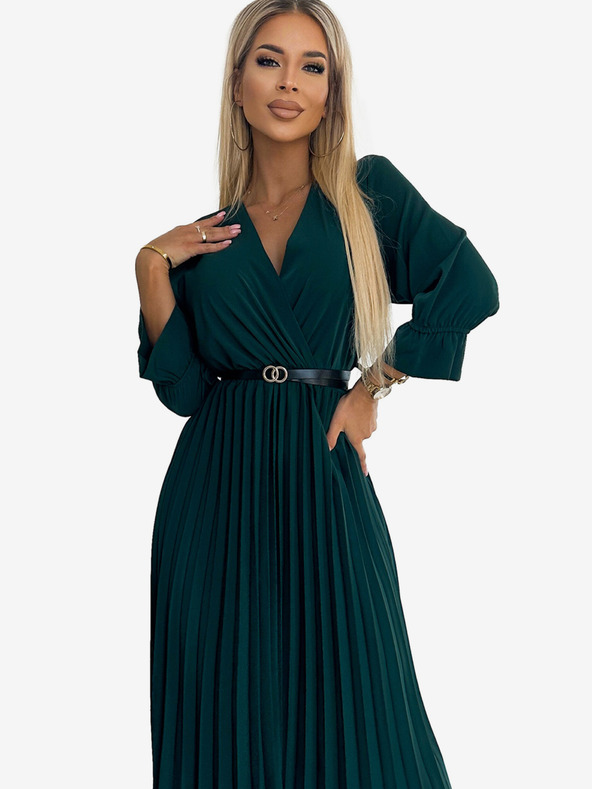 numoco SERENA Maxikleid mit Rundhalsausschnitt, Gürtel und 3/4 Ärmeln - Grün Numoco