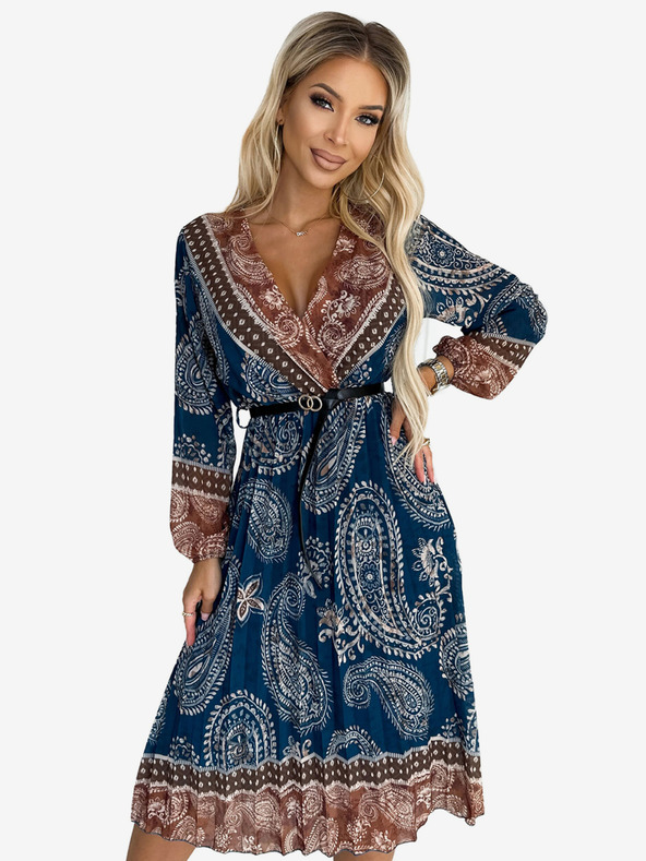 numoco Plissiertes Midikleid mit Rundhalsausschnitt, langen Ärmeln und schwarzem Gürtel - Blau und Braun Numoco