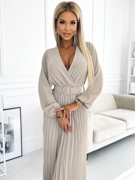 numoco VIVIANA Plissee-Midikleid mit herzförmigem Ausschnitt, langen Ärmeln und breitem Gürtel - beige Numoco