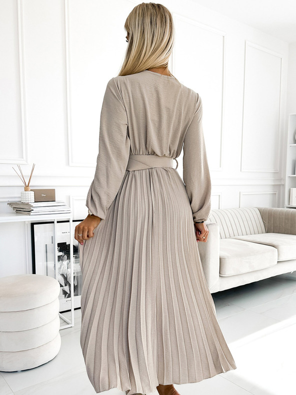 numoco VIVIANA Plissee-Midikleid mit herzförmigem Ausschnitt, langen Ärmeln und breitem Gürtel - beige Numoco