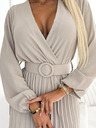 numoco VIVIANA Plissee-Midikleid mit herzförmigem Ausschnitt, langen Ärmeln und breitem Gürtel - beige Numoco
