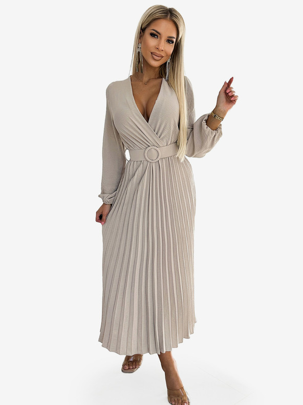 numoco VIVIANA Plissee-Midikleid mit herzförmigem Ausschnitt, langen Ärmeln und breitem Gürtel - beige Numoco
