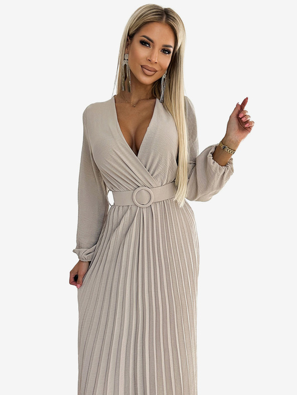 numoco VIVIANA Plissee-Midikleid mit herzförmigem Ausschnitt, langen Ärmeln und breitem Gürtel - beige Numoco