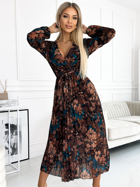 numoco Langes Kleid aus plissiertem Chiffon mit Ausschnitt, langen Ärmeln und Gürtel - braun und blaue Blumen Numoco