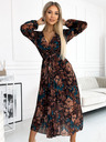 numoco Langes Kleid aus plissiertem Chiffon mit Ausschnitt, langen Ärmeln und Gürtel - braun und blaue Blumen Numoco