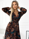 numoco Langes Kleid aus plissiertem Chiffon mit Ausschnitt, langen Ärmeln und Gürtel - braun und blaue Blumen Numoco
