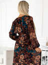 numoco Langes Kleid aus plissiertem Chiffon mit Ausschnitt, langen Ärmeln und Gürtel - braun und blaue Blumen Numoco