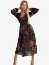 numoco Langes Kleid aus plissiertem Chiffon mit Ausschnitt, langen Ärmeln und Gürtel - braun und blaue Blumen Numoco