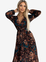 numoco Langes Kleid aus plissiertem Chiffon mit Ausschnitt, langen Ärmeln und Gürtel - braun und blaue Blumen Numoco