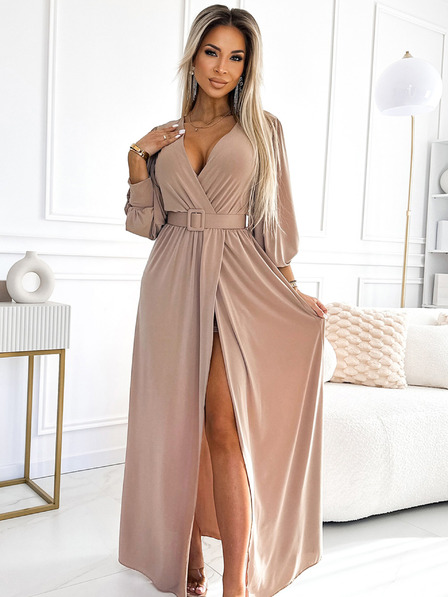 numoco FIORELLA Langes Kleid mit breitem Gürtel und Ausschnitt - beige Numoco
