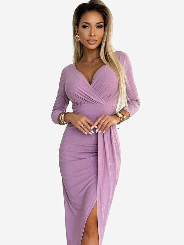 numoco Glänzendes Kleid mit Ausschnitt und Beinschlitz - schmutziges Pink mit Glitter Numoco