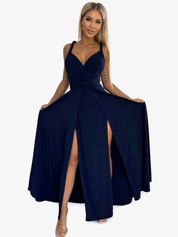 numoco Elegantes langes Kleid mit vielen Bindungen - dunkelblau Numoco