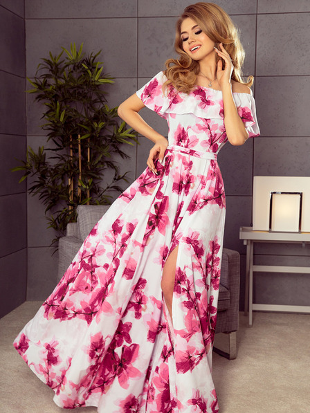 numoco Langes Kleid mit Rüschen - große rosa Blumen Numoco