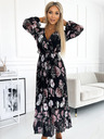 numoco Plissiertes Midikleid mit Ausschnitt, langen Ärmeln und Taillenband - schwarz mit rosa Blumen - Numoco