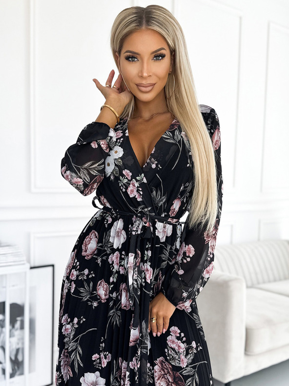 numoco Plissiertes Midikleid mit Ausschnitt, langen Ärmeln und Taillenband - schwarz mit rosa Blumen - Numoco