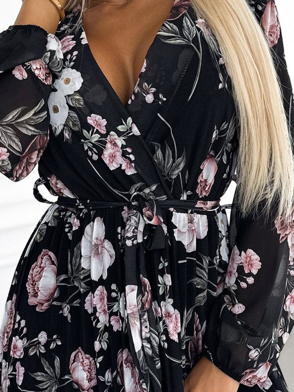 numoco Plissiertes Midikleid mit Ausschnitt, langen Ärmeln und Taillenband - schwarz mit rosa Blumen - Numoco