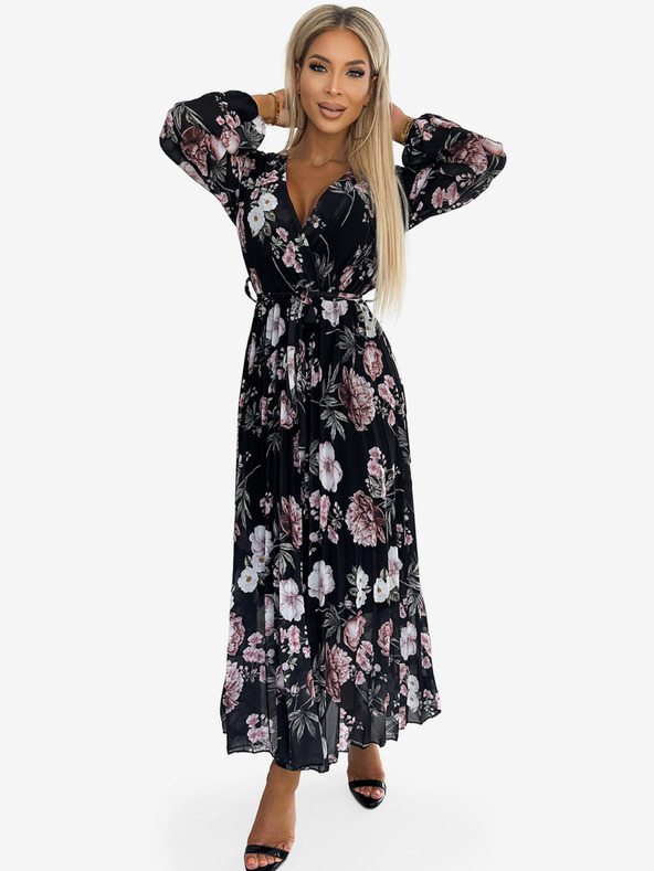 numoco Plissiertes Midikleid mit Ausschnitt, langen Ärmeln und Taillenband - schwarz mit rosa Blumen - Numoco