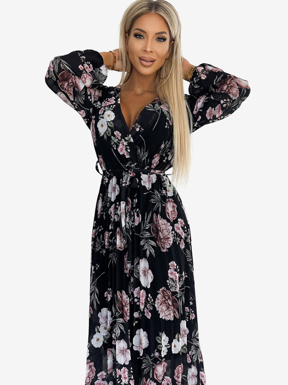numoco Plissiertes Midikleid mit Ausschnitt, langen Ärmeln und Taillenband - schwarz mit rosa Blumen - Numoco
