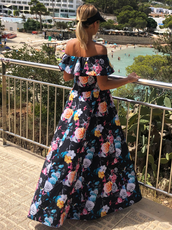 numoco Langes Kleid mit Rüschen - schwarz + bunte Blumen Numoco