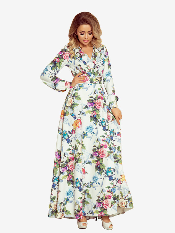 numoco Langes Kleid mit Rüschenausschnitt - bunte Rosen und blaue Vögel Numoco