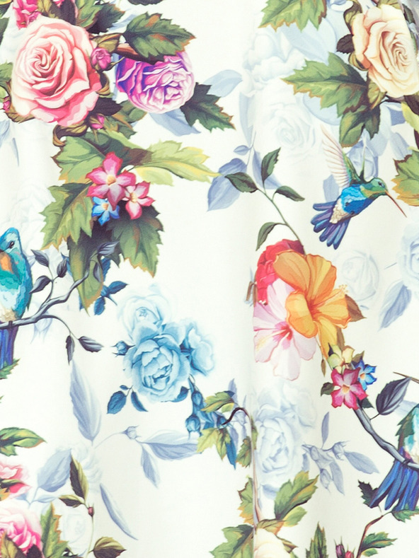 numoco Langes Kleid mit Rüschenausschnitt - bunte Rosen und blaue Vögel Numoco