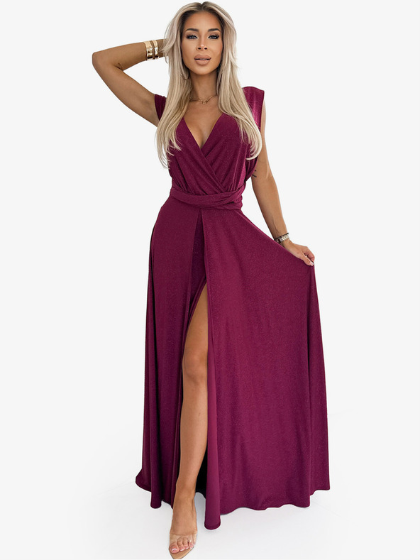 numoco Elegantes langes Kleid mit vielen Bindungen - burgunderrot mit Glitzer Numoco