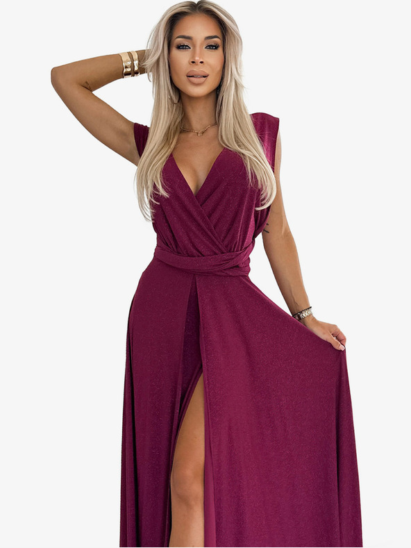 numoco Elegantes langes Kleid mit vielen Bindungen - burgunderrot mit Glitzer Numoco