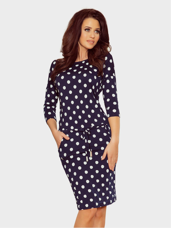 numoco Sportliches Kleid mit Krawatte und Taschen - dunkelblau + gepunktet Numoco