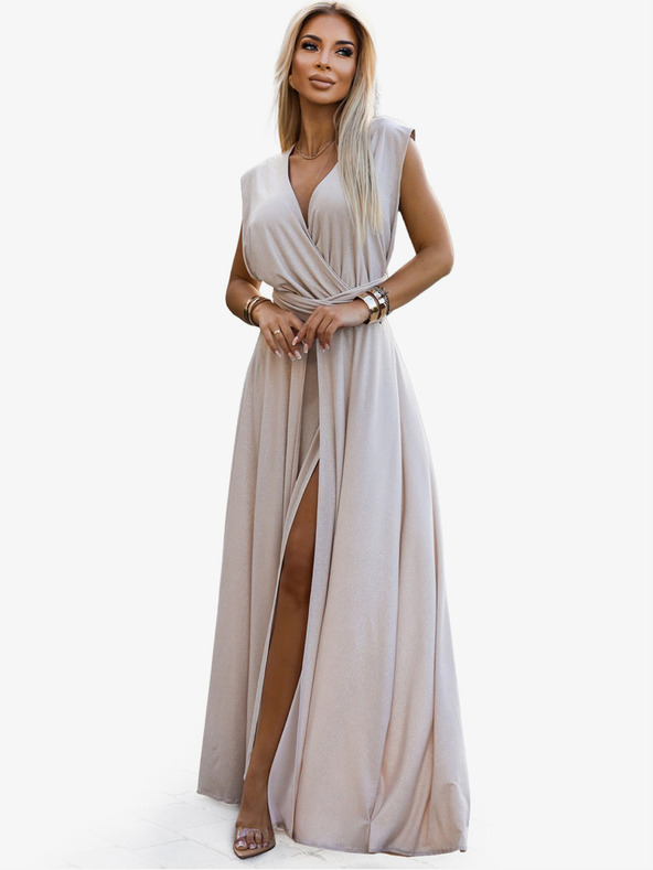 numoco Elegantes langes Kleid mit vielen Bindungen - beige mit Glitzer Numoco