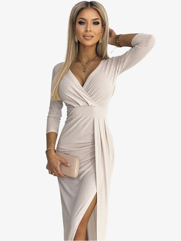 numoco Glitzerkleid mit Dekolleté und Beinschlitz - beige Numoco