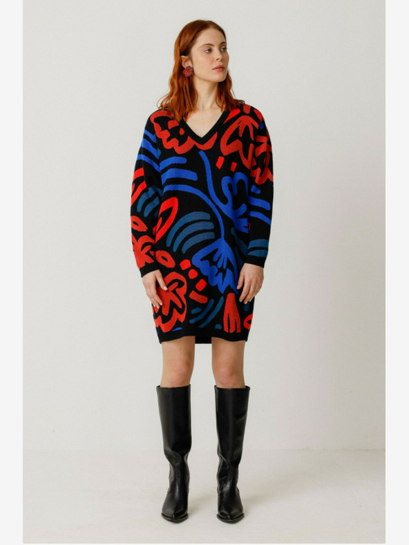 SKFK Blau-orange gemustertes Damen-Pulloverkleid SKFK