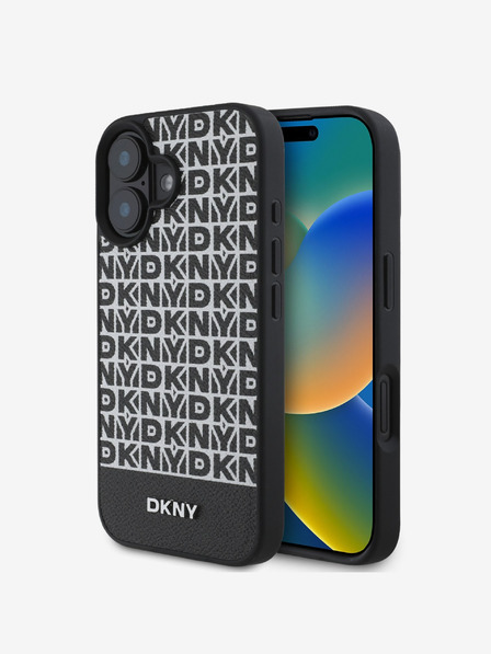 DKNY PU Leather Repeat Pattern Bottom Stripe MagSafe Back Cover for iPhone 16 Black Phone Case