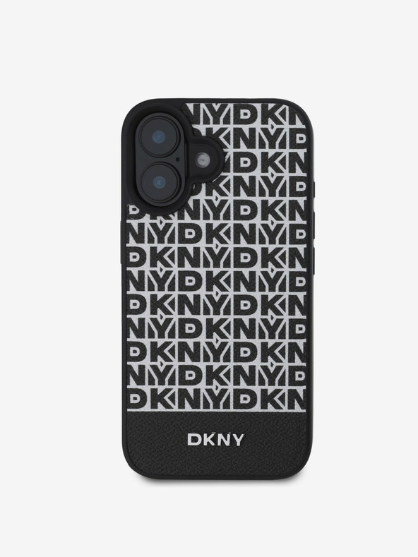 DKNY PU Leather Repeat Pattern Bottom Stripe MagSafe Back Cover for iPhone 16 Black Phone Case