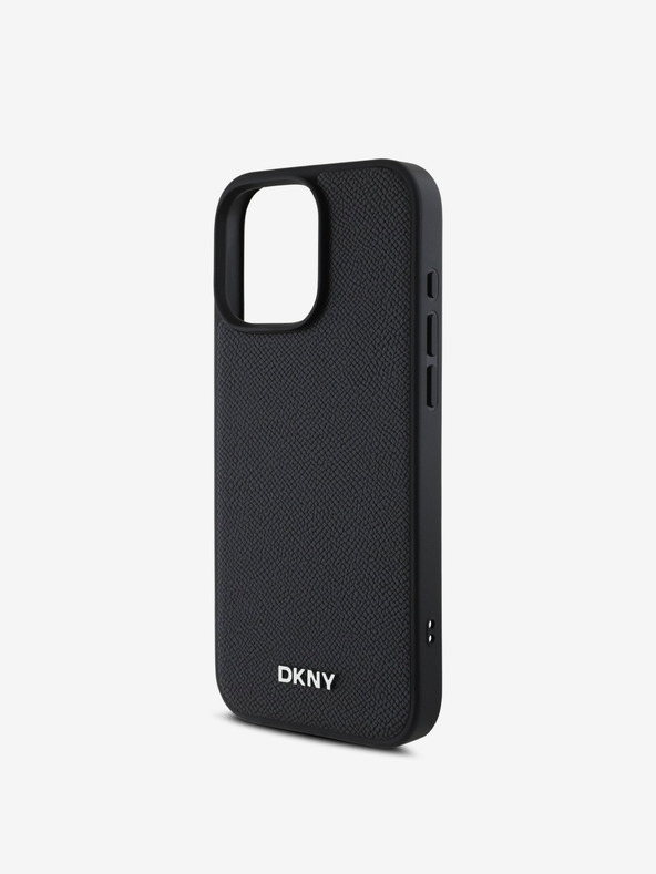 DKNY DKNY PU Leder Silber Metall Logo MagSafe Back Cover für iPhone 16 Pro Max Schwarz