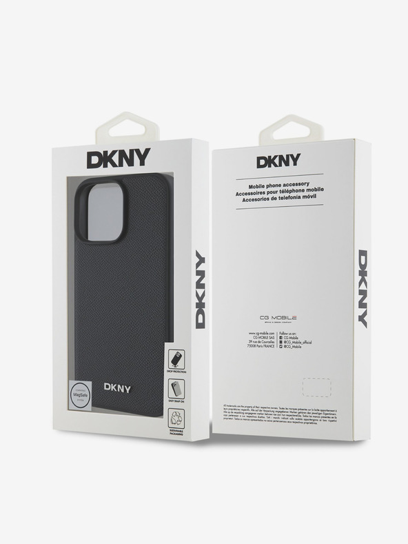 DKNY DKNY PU Leder Silber Metall Logo MagSafe Back Cover für iPhone 16 Pro Max Schwarz