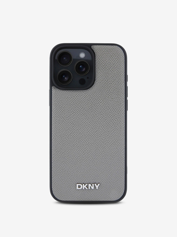 DKNY DKNY PU Leder Silbernes Metall Logo Magsafe Back Cover für iPhone 16 Pro Max Grau