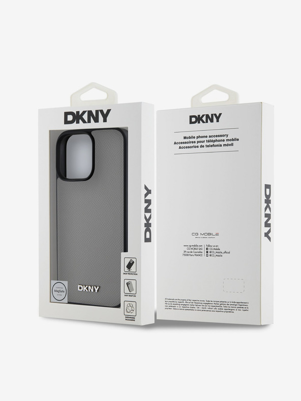 DKNY DKNY PU Leder Silbernes Metall Logo Magsafe Back Cover für iPhone 16 Pro Max Grau
