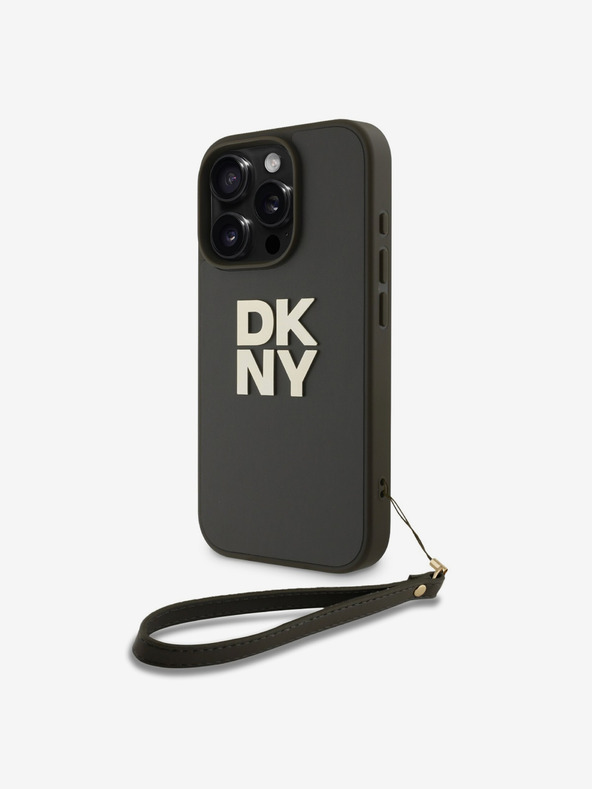DKNY PU Leather Stack Logo Wrist Strap Back Cover for iPhone 16 Pro Max Green Phone Case