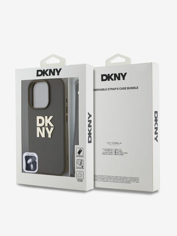 DKNY PU Leather Stack Logo Wrist Strap Back Cover for iPhone 16 Pro Max Green Phone Case