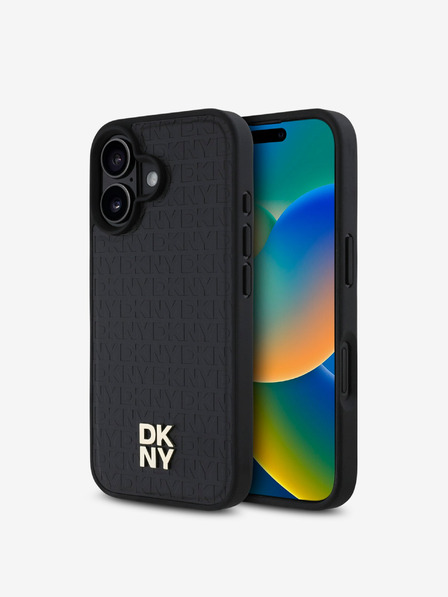 DKNY DKNY PU Leder Repeat Pattern Stack Logo MagSafe Back Cover für iPhone 16 Plus Schwarz