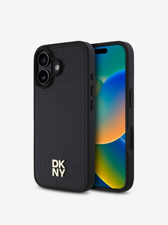 DKNY DKNY PU Leder Repeat Pattern Stack Logo MagSafe Back Cover für iPhone 16 Plus Schwarz