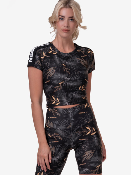 Nebbia Schwarzes gemustertes Damen-Cropped-Shirt Nebbia