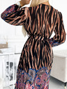 numoco Plisseekleid mit herzförmigem Ausschnitt, langen Ärmeln und Bindeband in der Taille - Tigermuster + rosa Blumen Numoco