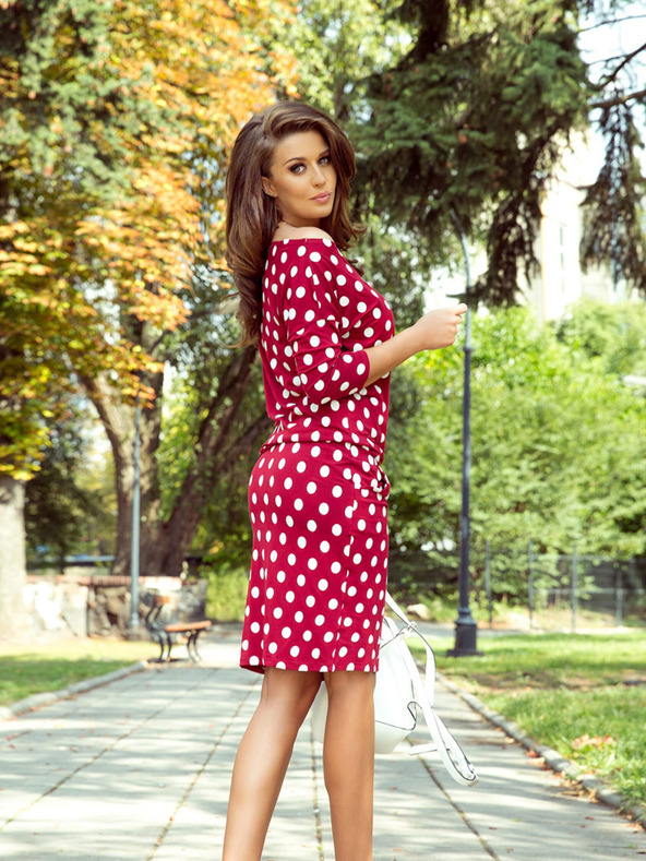 numoco Sportliches Kleid mit Bindeband und Taschen - burgunderrot + gepunktet Numoco