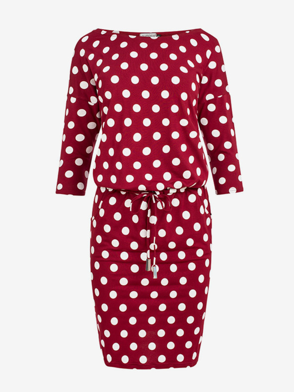numoco Sportliches Kleid mit Bindeband und Taschen - burgunderrot + gepunktet Numoco