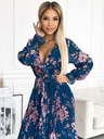 numoco Plissiertes langes Chiffonkleid mit Rundhalsausschnitt, langen Ärmeln und Gürtel - Blau mit Blumen Numoco