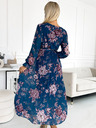 numoco Plissiertes langes Chiffonkleid mit Rundhalsausschnitt, langen Ärmeln und Gürtel - Blau mit Blumen Numoco
