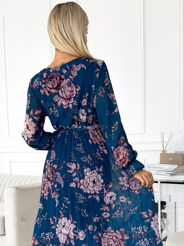 numoco Plissiertes langes Chiffonkleid mit Rundhalsausschnitt, langen Ärmeln und Gürtel - Blau mit Blumen Numoco