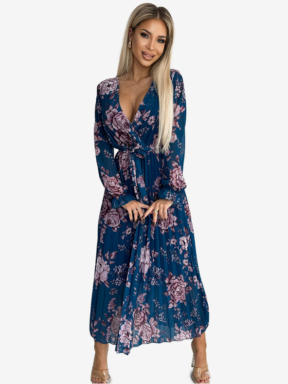 numoco Plissiertes langes Chiffonkleid mit Rundhalsausschnitt, langen Ärmeln und Gürtel - Blau mit Blumen Numoco