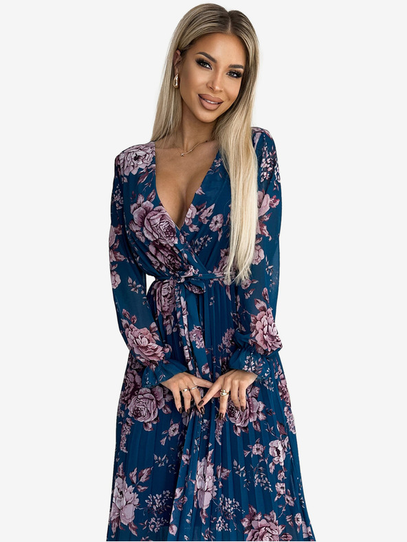 numoco Plissiertes langes Chiffonkleid mit Rundhalsausschnitt, langen Ärmeln und Gürtel - Blau mit Blumen Numoco